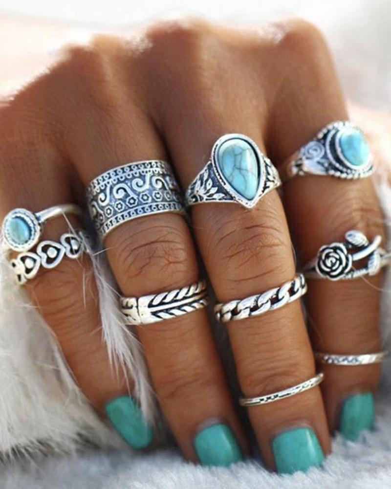 10pcs Retro Geometric Floral Shaped Stackable Turquoise Chain Rings Set