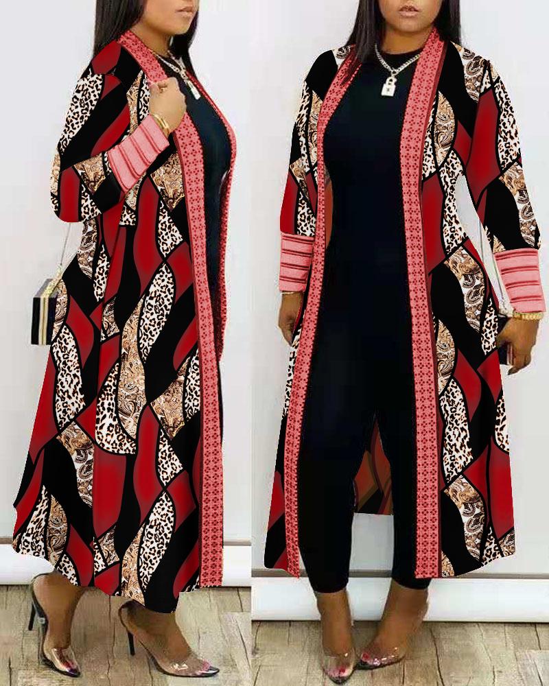 Jackets&Coats  ChicMe Leopard Baroque Print Colorblock Striped Open Front Coat