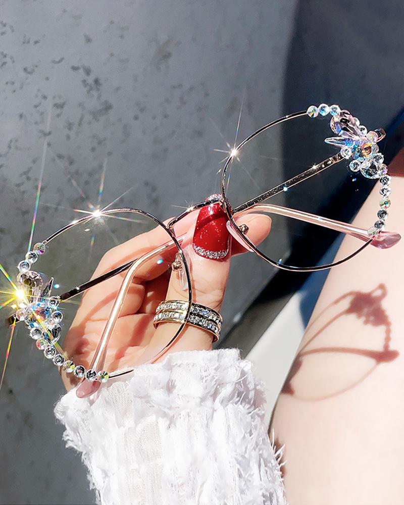 Sunglasses  ChicMe 1Pair Square Metal Frame Rhinestone Anti Blue Light Eyeglasses