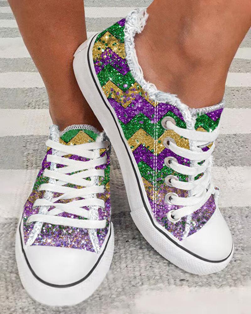 Ombre Print Eyelet Lace-up Fringe Hem Sneakers