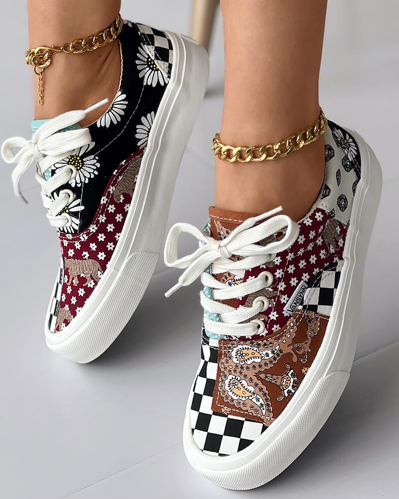 Floral Plaid Paisley Print Lace-up Canvas Sneakers