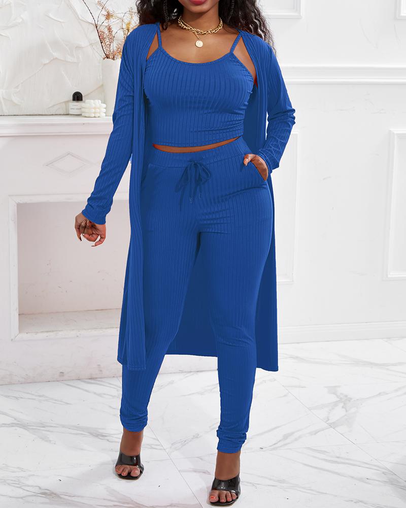 3PCS Ribbed Cami Top & Pants Set With Longline Coat