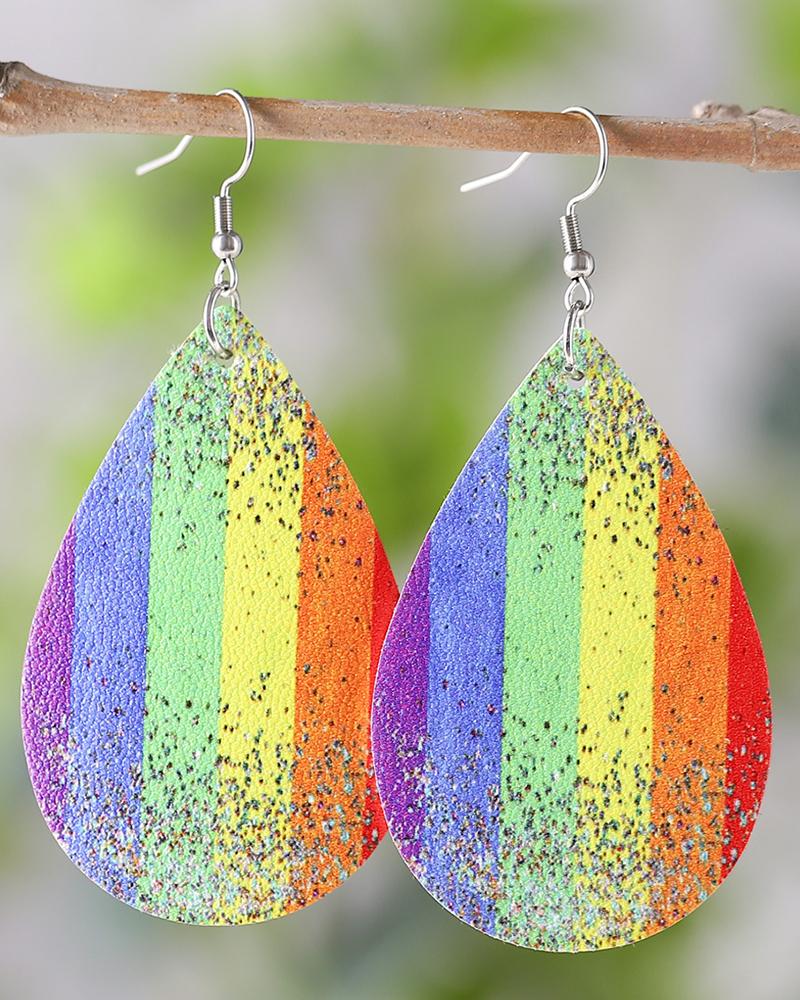 1Pair Rainbow Stripe Print Water Drop Hook Earrings