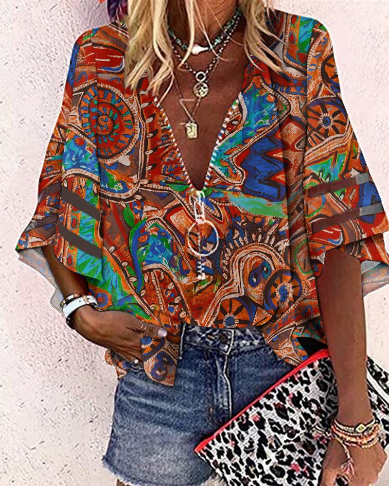 Tribal Print Contrast Mesh Bell Sleeve Top