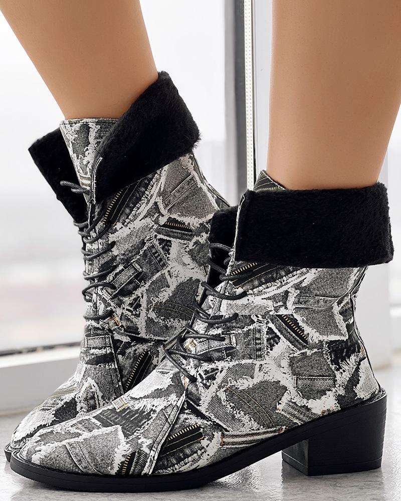 Denim Look Print Lined Chunky Heel Ankle Boots