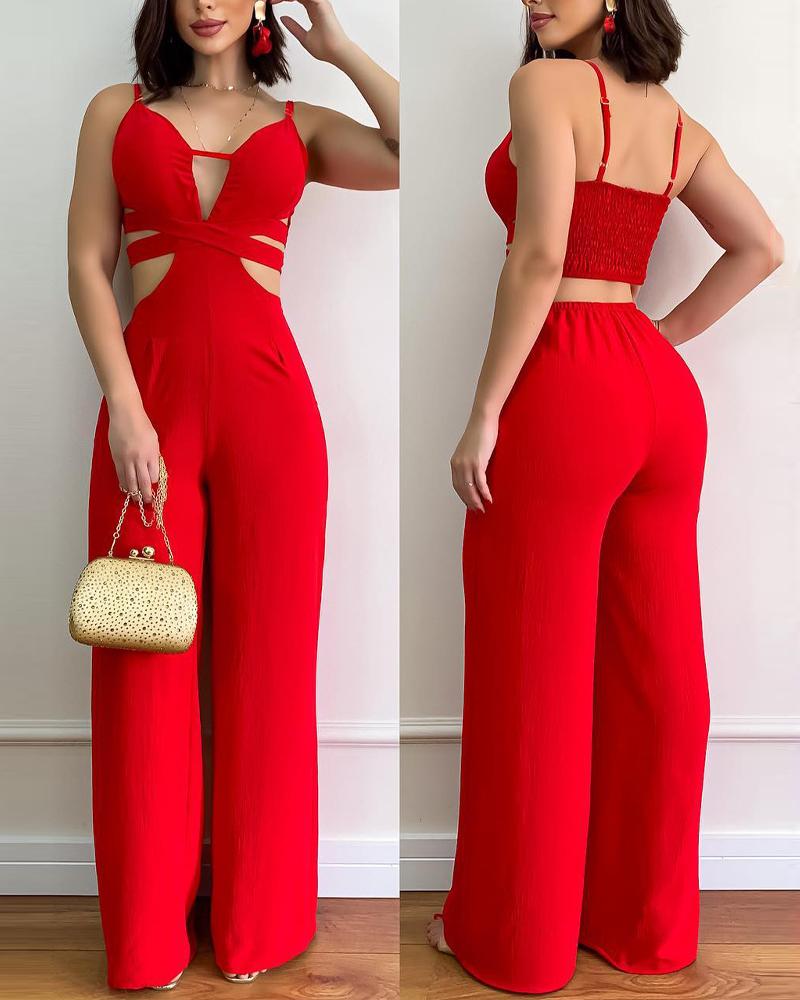 Cutout Shirred Open Back Spaghetti Strap Jumpsuit