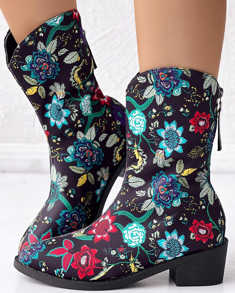 Vintage Floral Pattern Zipper Back Ankle Boots