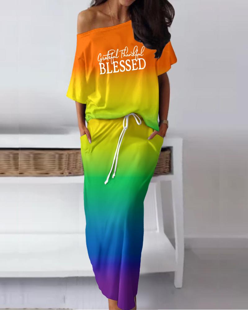 Ombre Grateful Thankful Blessed Print Top & Drawstring Skirt Set