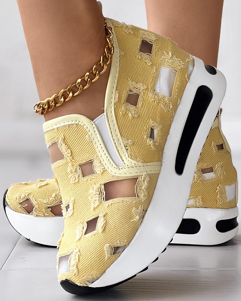 Mesh Patch Denim Raw Hem Muffin Sneakers