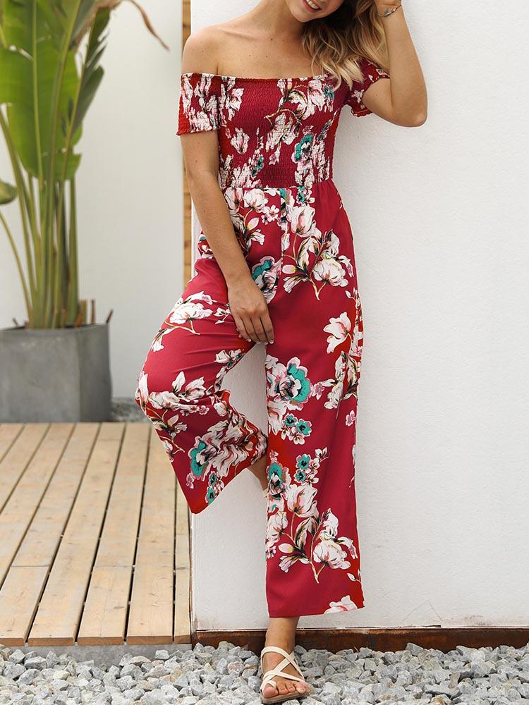 Floral Shirring Wide Leg Bardot Jumpsuits