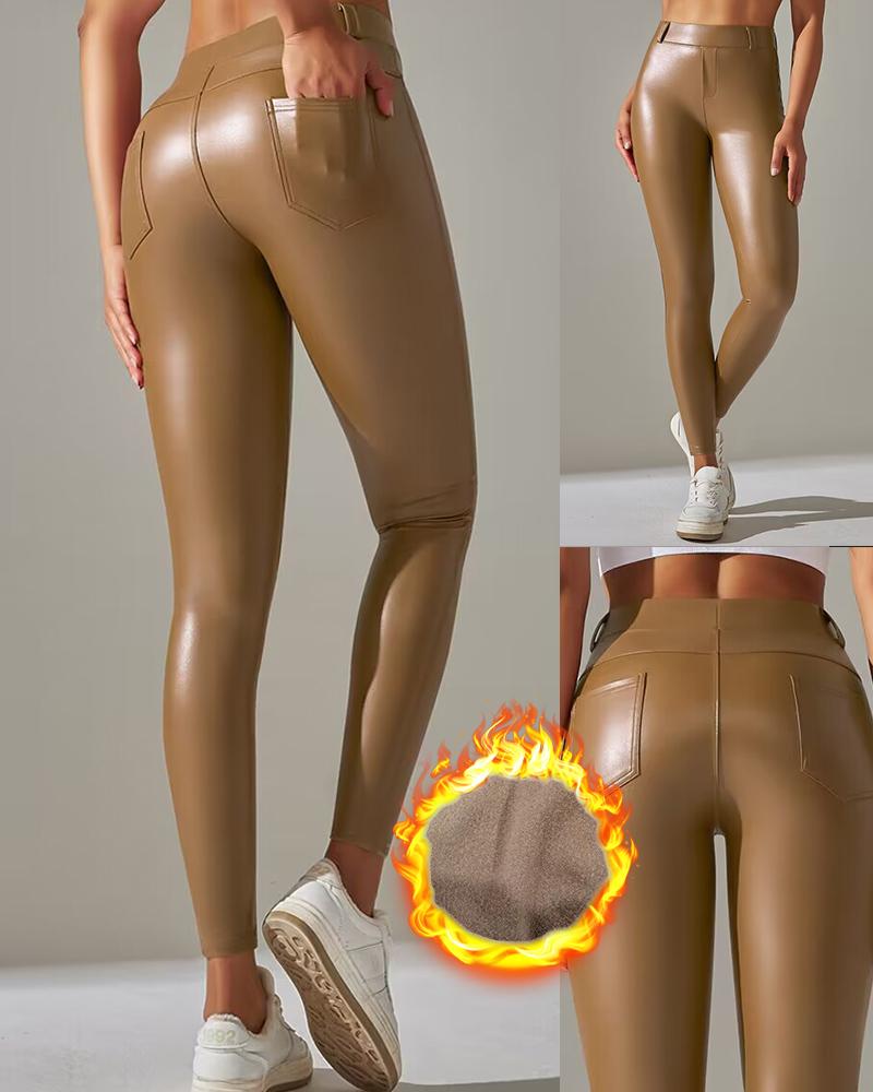   ChicMe PU Leather Pocket Design Fleece Lined Leggings