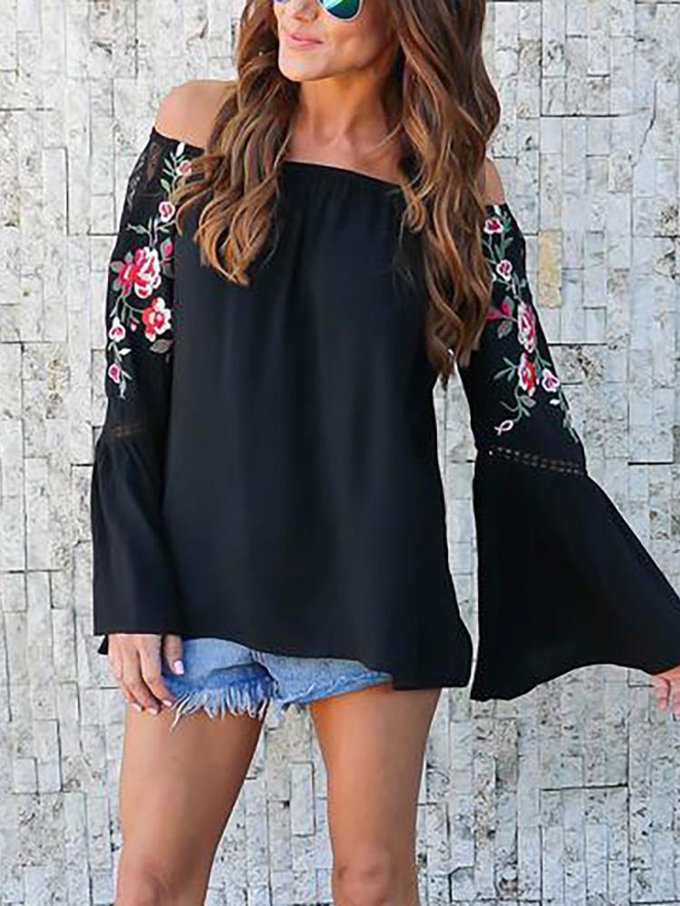Floral Print Off Shoulder Flare Sleeve Blouse