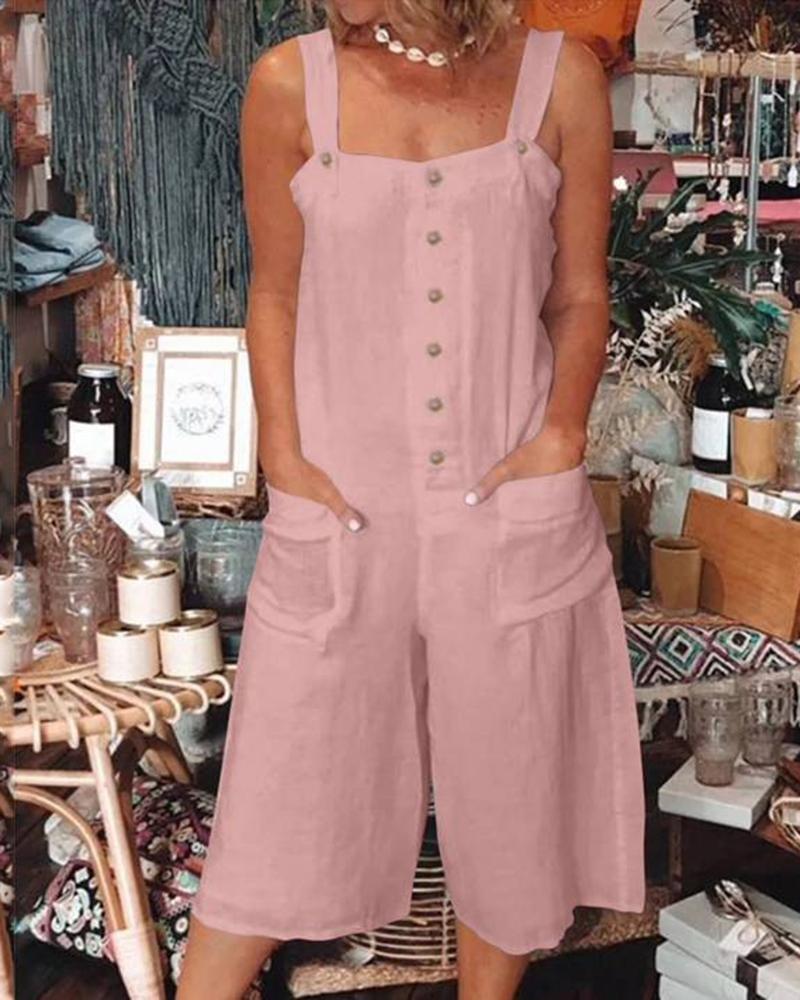 Button Front Pocket Design Suspender Romper