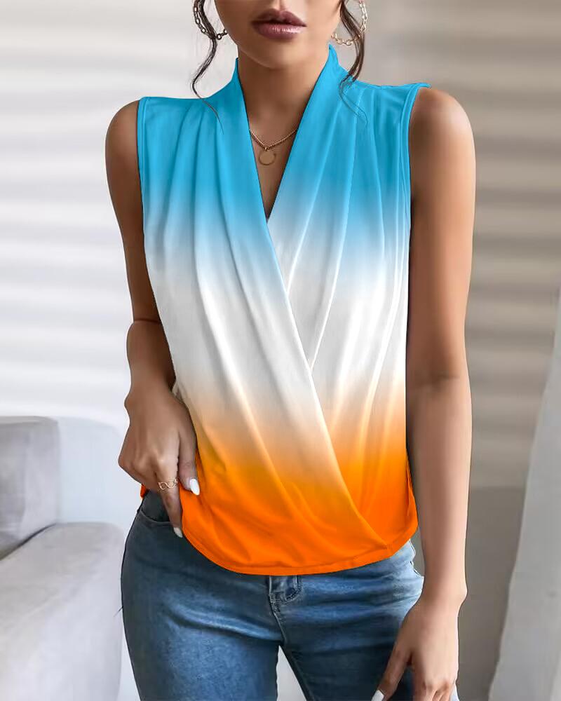 Ombre Ruched V-Neck Sleeveless Wrap Top