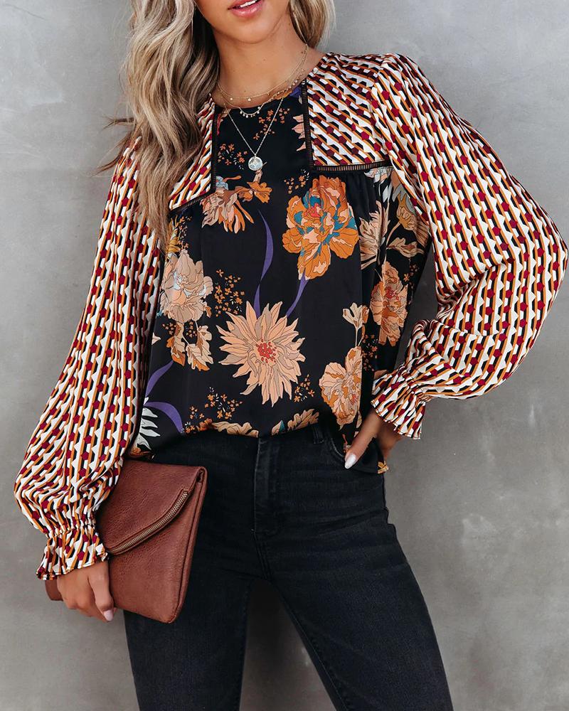 Floral Geo Print Patchwork Flounce Sleeve Top