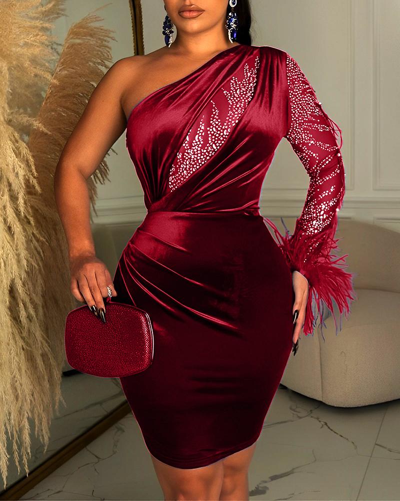 Velvet Contast Paneled One Shoulder Party Dress