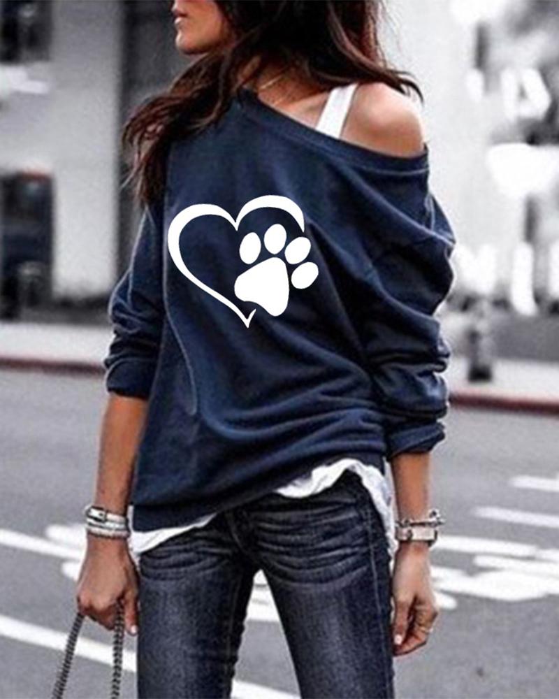 Sweats & Hoodies  ChicMe Paw Heart Print Long Sleeve Casual Sweatshirt