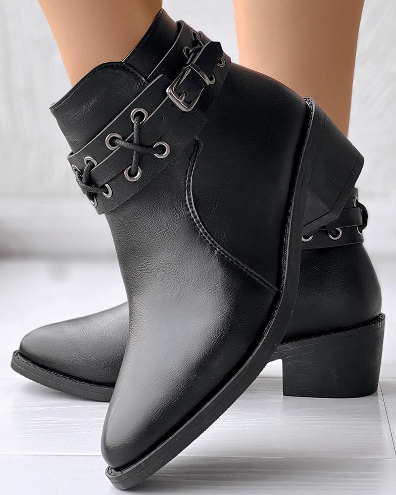 Eyelet Lace-up Buckled Ankle Boots