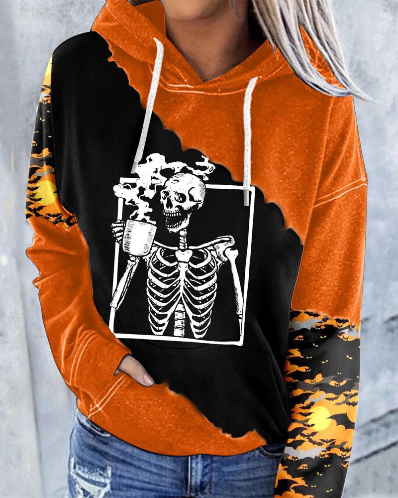 Halloween Hot Coffee Skeleton Print Long Sleeve Hoodie