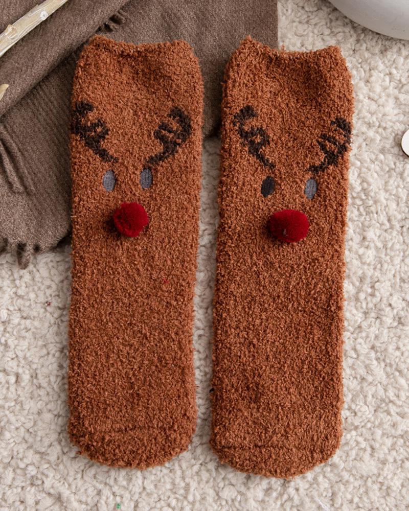 1Pair Christmas Santa Colorblcok Fuzzy Thermal Socks
