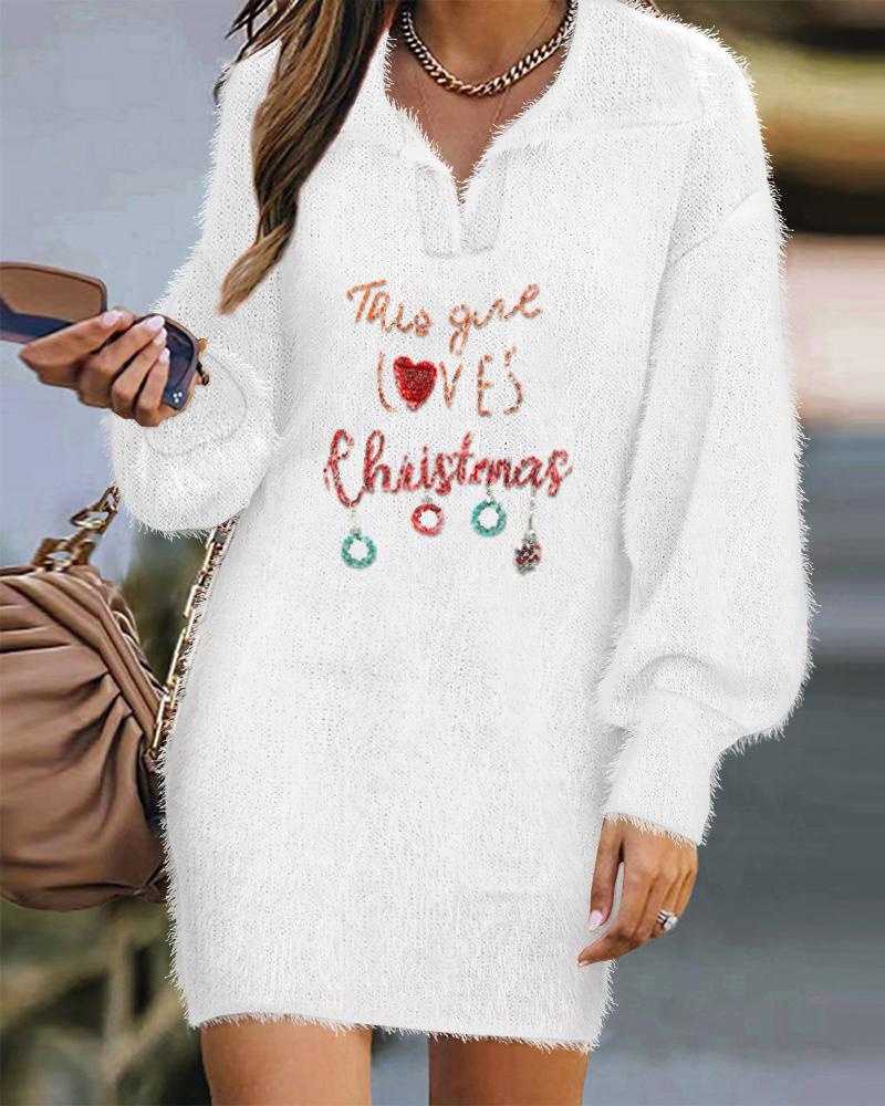 Christmas Letter Pattern Contrast Sequin Fuzzy Casual Dress