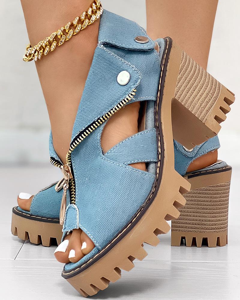 Denim Zipper Design Peep Toe Chunky Heels