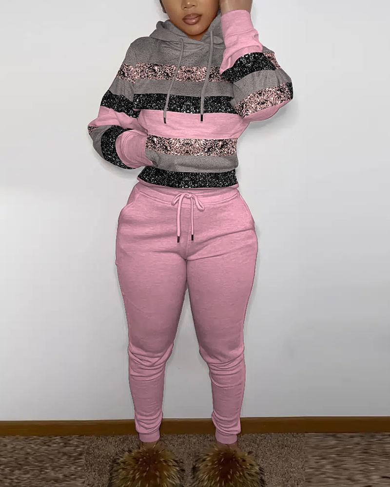 Colorblock Striped Print Long Sleeve Hoodie & Pants Set