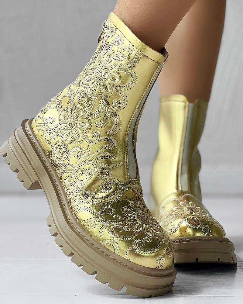 Sequin Floral Embroidery Platform Metallic Ankle Boots