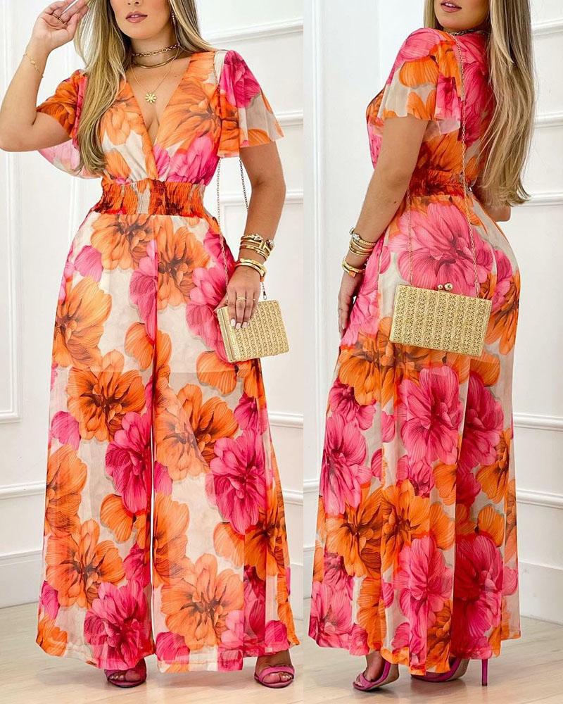Floral Print Bell Sleeve Wide Leg Jumpsuit
