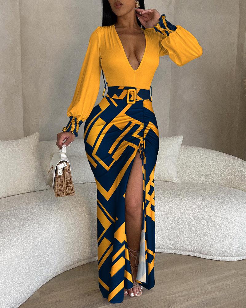 Maxi Dresses Geometric Print Plunge High Slit Drawstring Maxi Dress