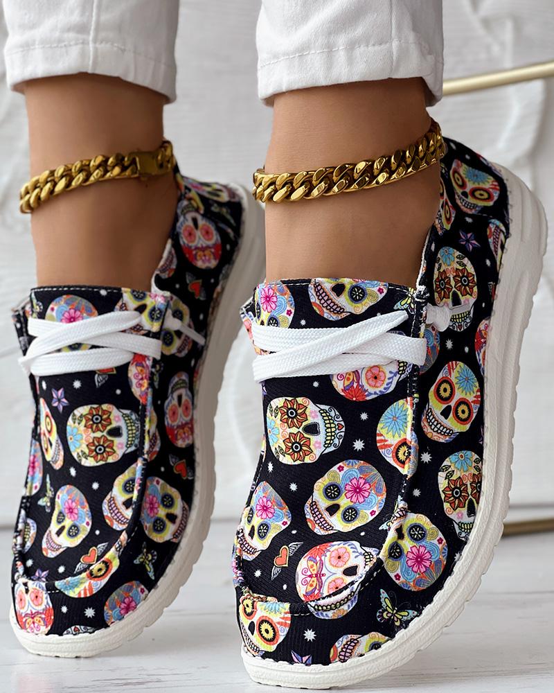 Skull Print Lace-up Casual Slip-On