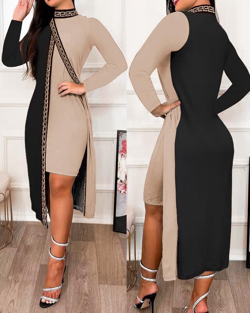 Geo Tape Patch Colorblock Slit Asymmetrical Casual Dress