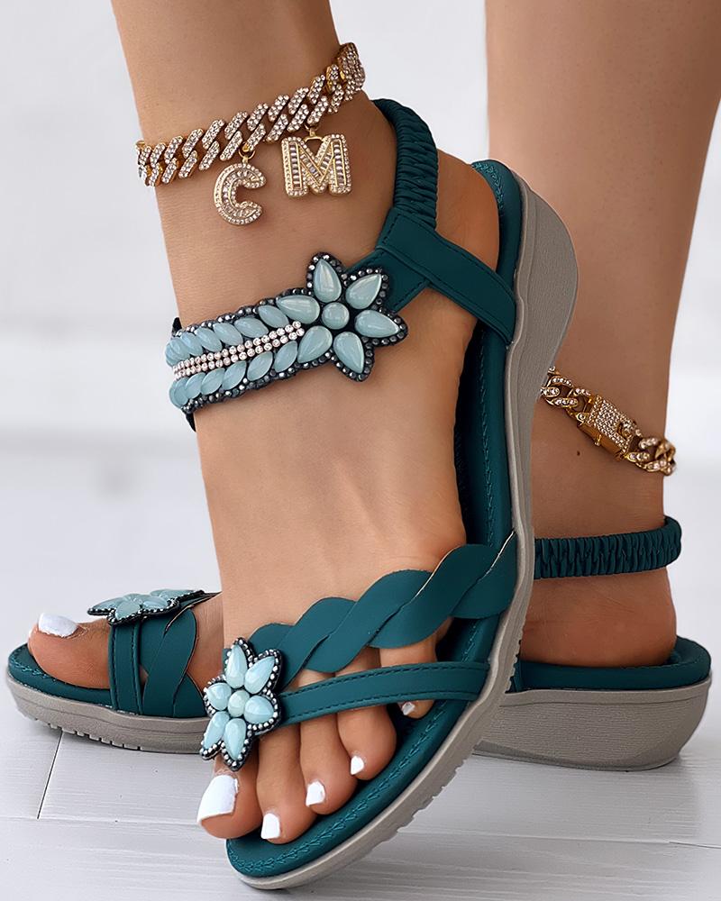 Flats-Sandals Floral Pattern Rhinestone Summer Beach Sandals