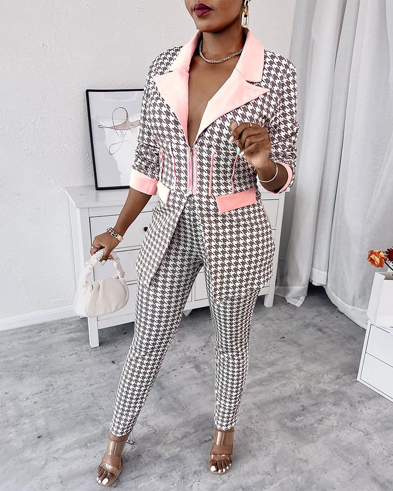 Houndstooth Print Zip Corset Patch Blazer & Pants Set