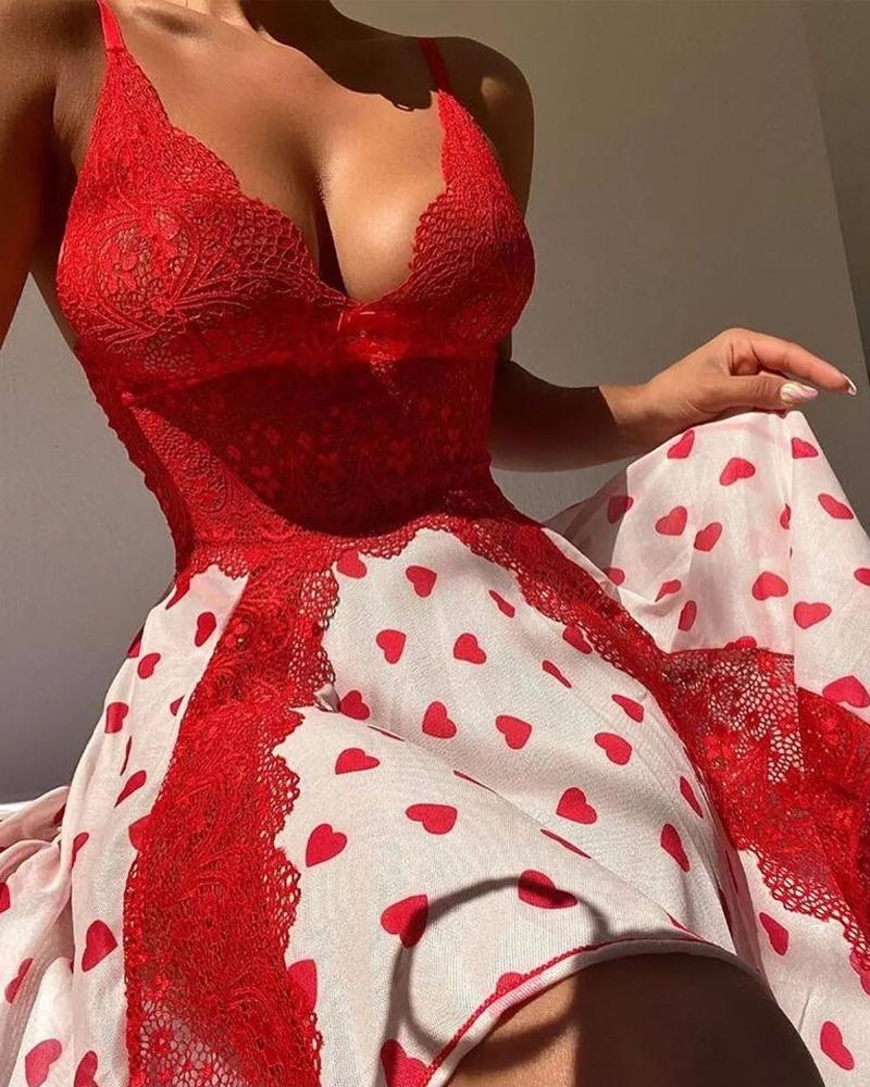 Night Dresses  ChicMe Heart Print Contrast Lace Nightdress