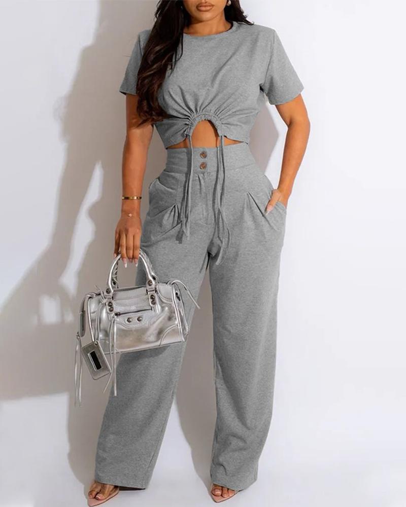 Round Neck Drawstring Crop Top & Buttoned Pants Set