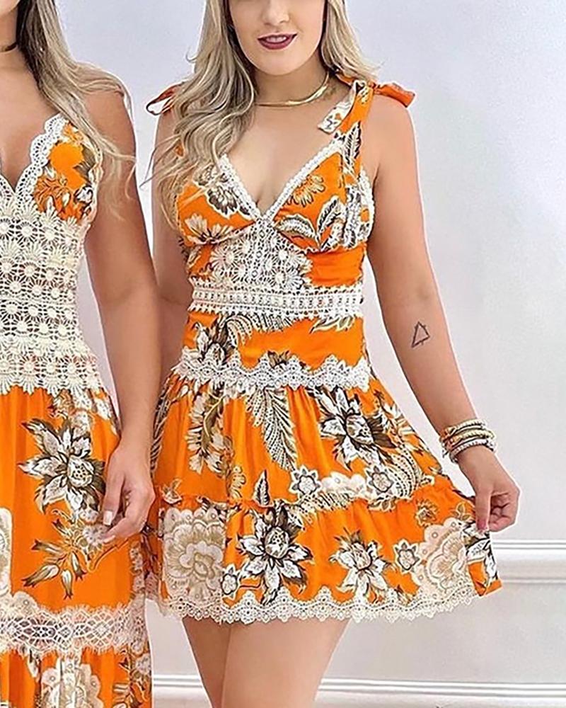 Lace Patch Tied Detail Floral Print Dress