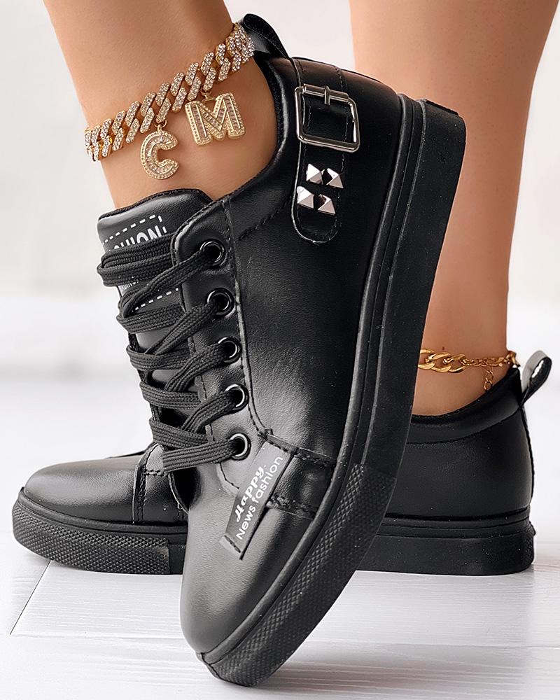 Studded Lace-up Buckled Casual Sneakers