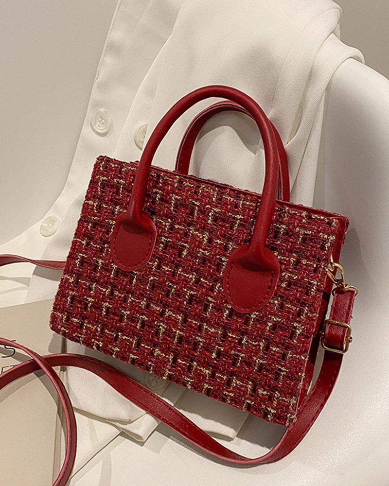 Plaid Tweed Zipper Design Satchel Bag