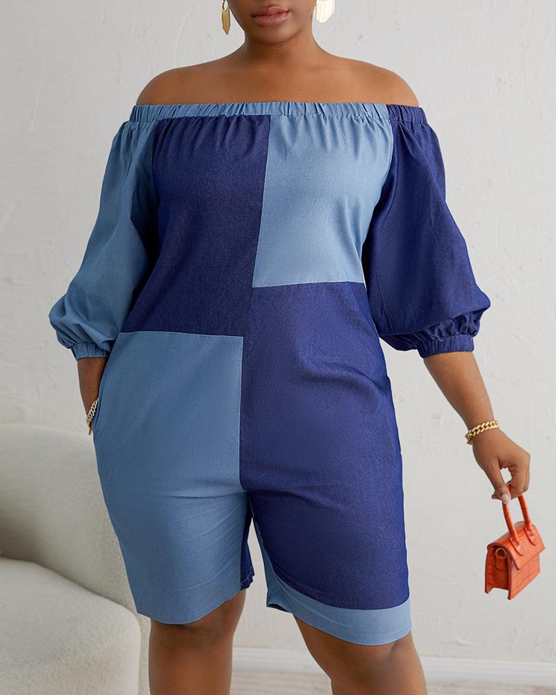Plus Size Colorblock Off Shoulder Romper