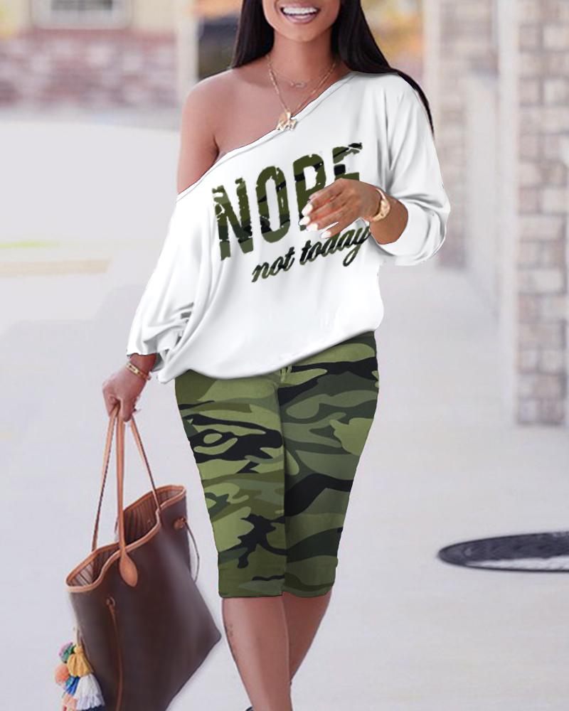 Nope Not Today Camouflage Print Cold Shoulder Top & Capris Pants Set