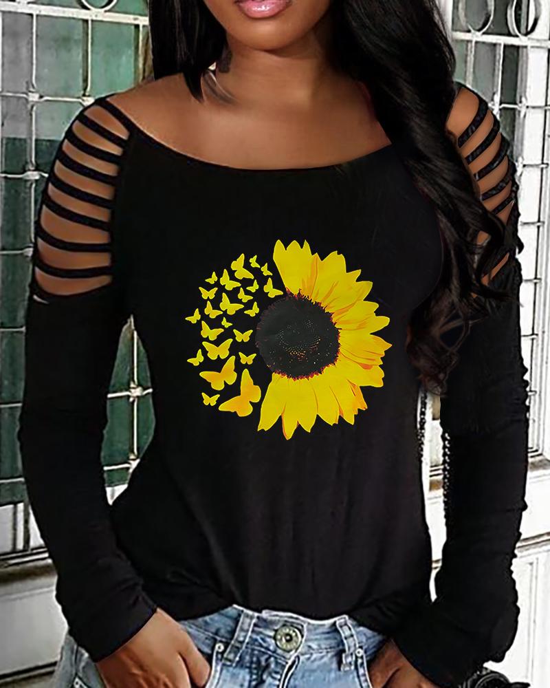 Sunflower Butterfly Print Cold Shoulder Top