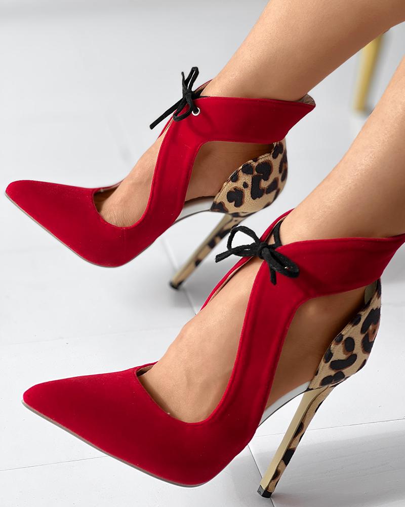  Contrast Leopard Print Tied Detail Stiletto Heel Pumps