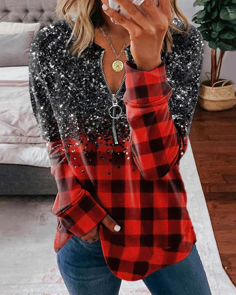 Plaid Print Zip Front Long Sleeve Casual Top