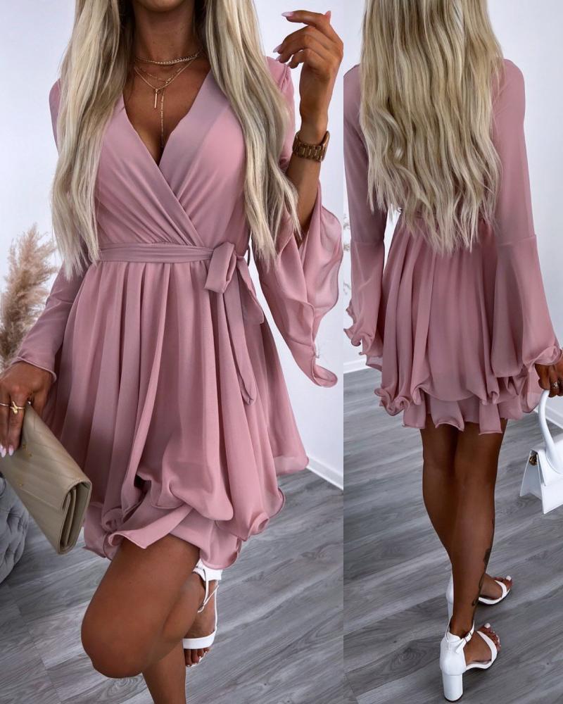 V-Neck Bell Sleeve Pleated Layered Dress