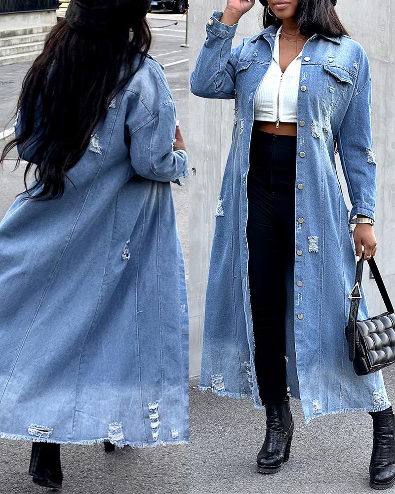 Ripped Raw Hem Button Front Longline Denim Coat
