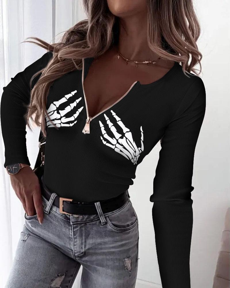 Halloween Skeleton Print Zip Front Ribbed Top