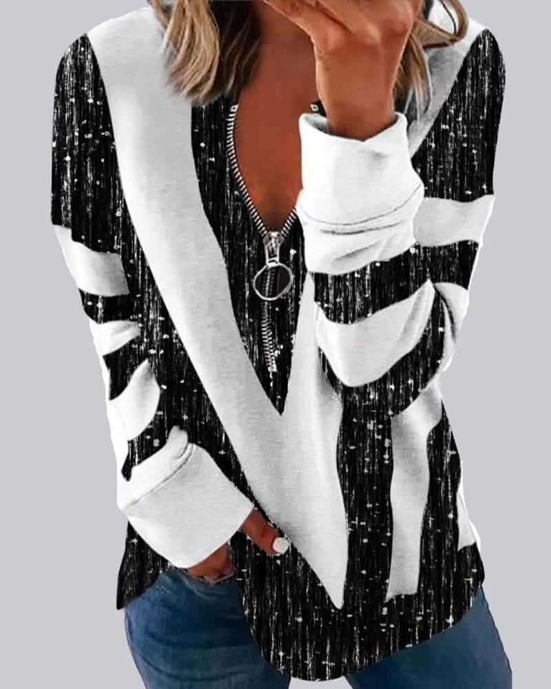 Colorblock Zip Detail Long Sleeve Print Top