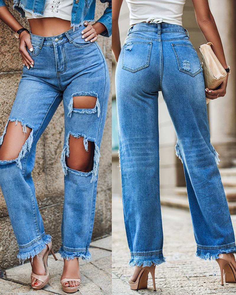 Ripped Cutout Fringe Hem Pocket Design Inelastic Jeans