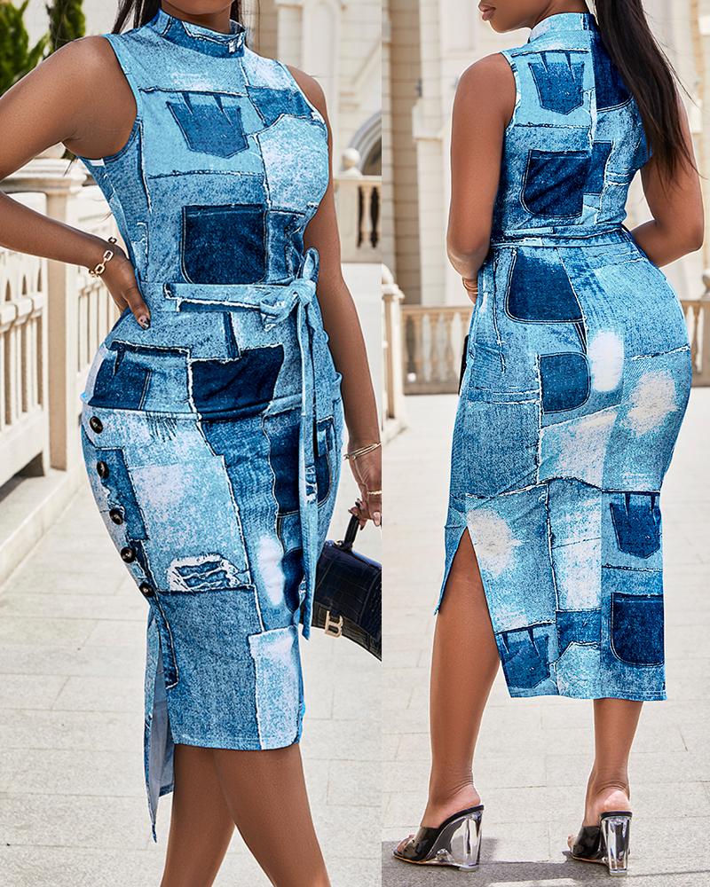 Bodycon Dresses Denim Look Print Sleeveless Bodycon Dress